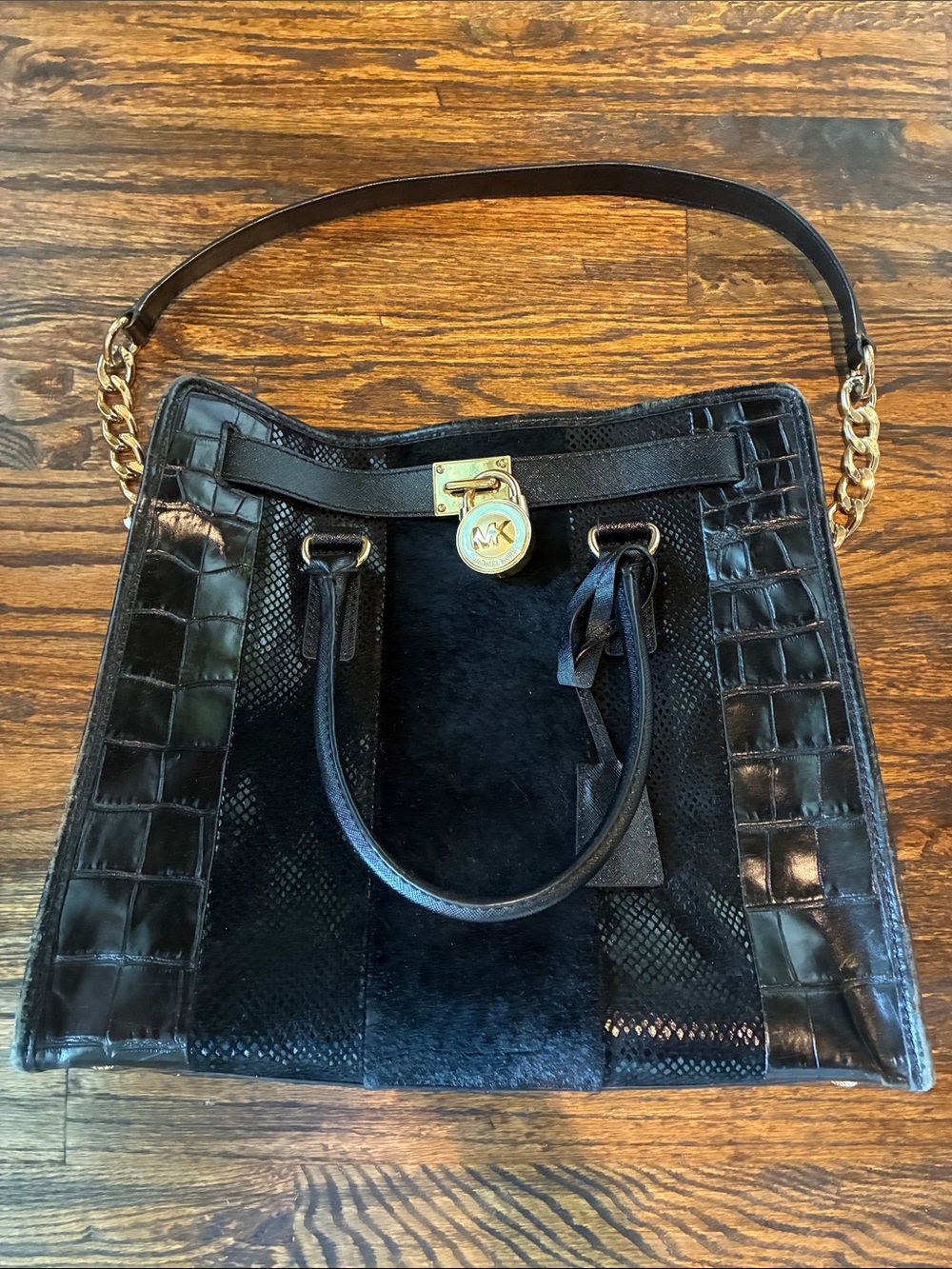 Michael Kors Black Mixed-Texture Shoulder Bag with Gold Hardware